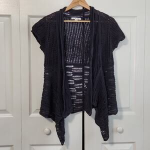 Cabi‎ Blue/Gray Open Knit Cap Sleeve Shark Bite Cardigan Size SM Boho Linen